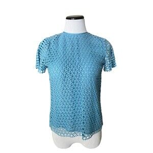 Tory Burch Womens Crescent Guipure Lace Blouse Size 0 Blue Eyelet Overlay Lined